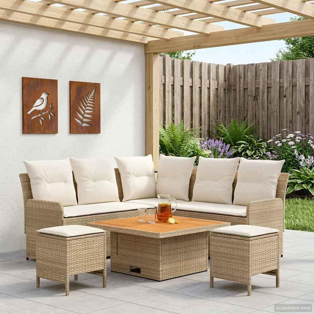 Møbelsæt 6 stk. i beige og creme PE-rattan til terrasse og have