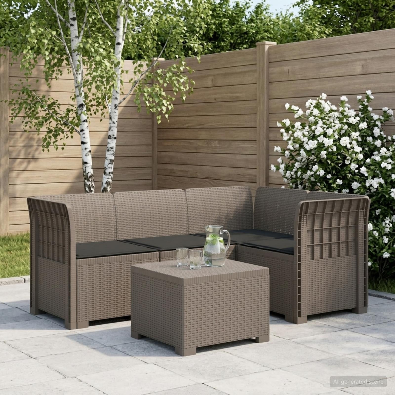 4-personers have sofa med hynder i rattan-look PP lysegrå