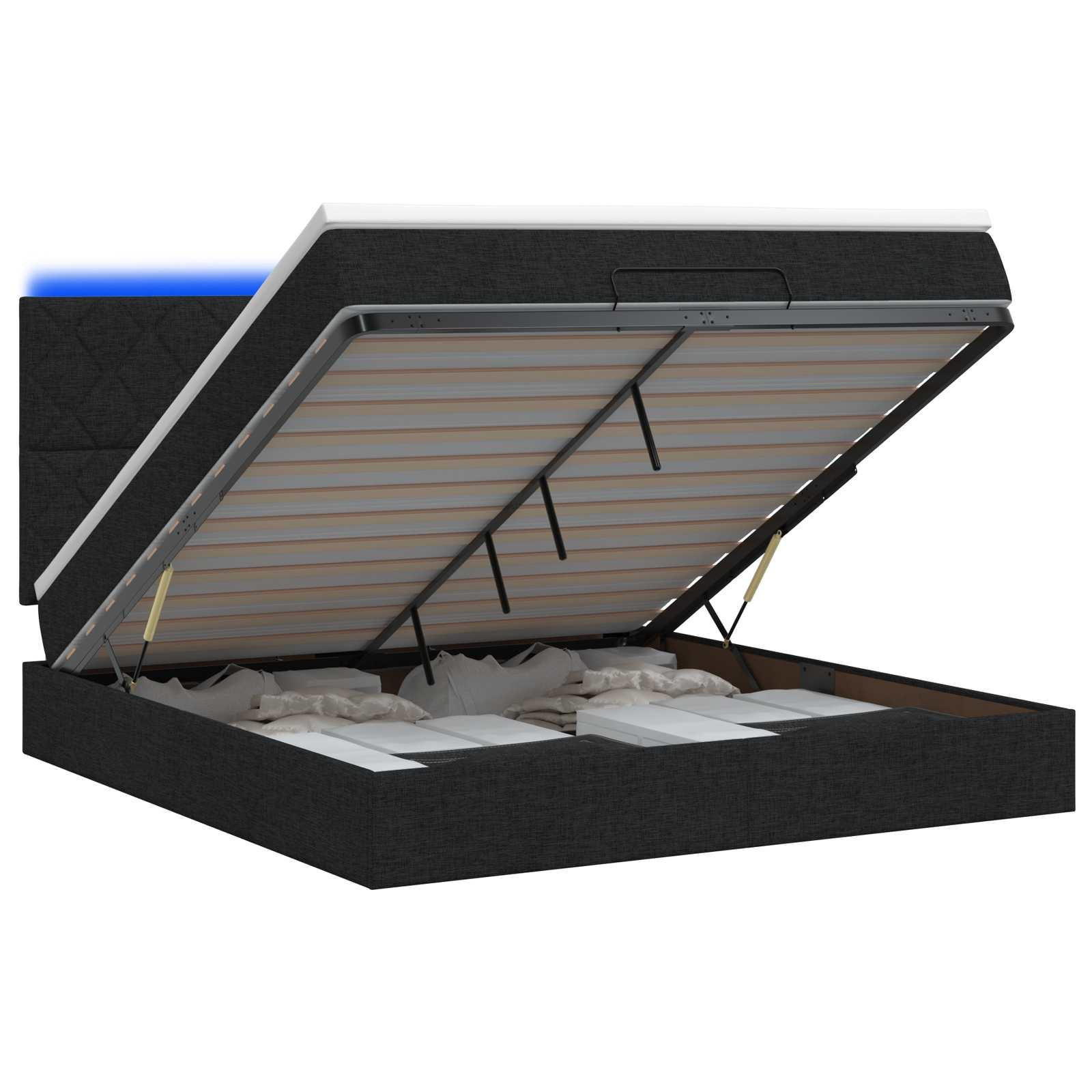 Ottoman seng med madras og LED 180 x 200 cm sort stof