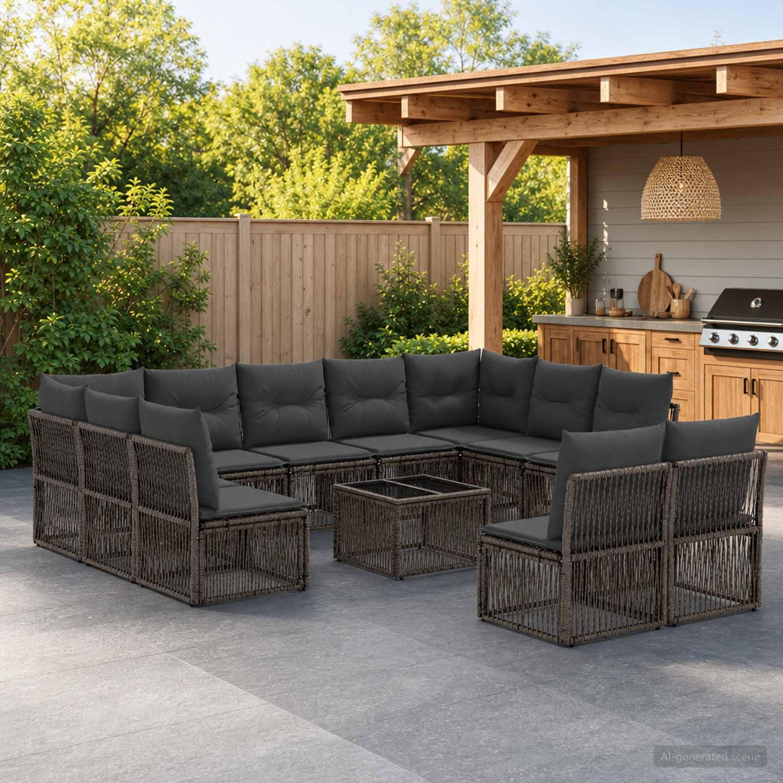 Havesofa sæt 12 stk. i grå polyrattan til terrasse og have
