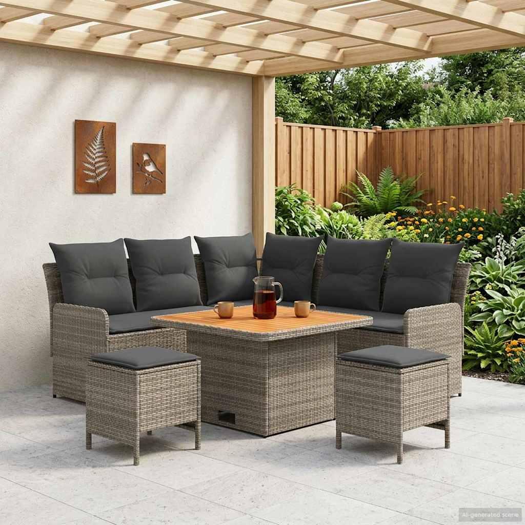 Møbelsæt 6 stk. i grå og mørkegrå PE-rattan til terrasse og have