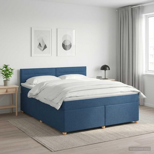 Boxspring seng med topmadras og justerbar hovedgavl 140 x 200 cm blå stof