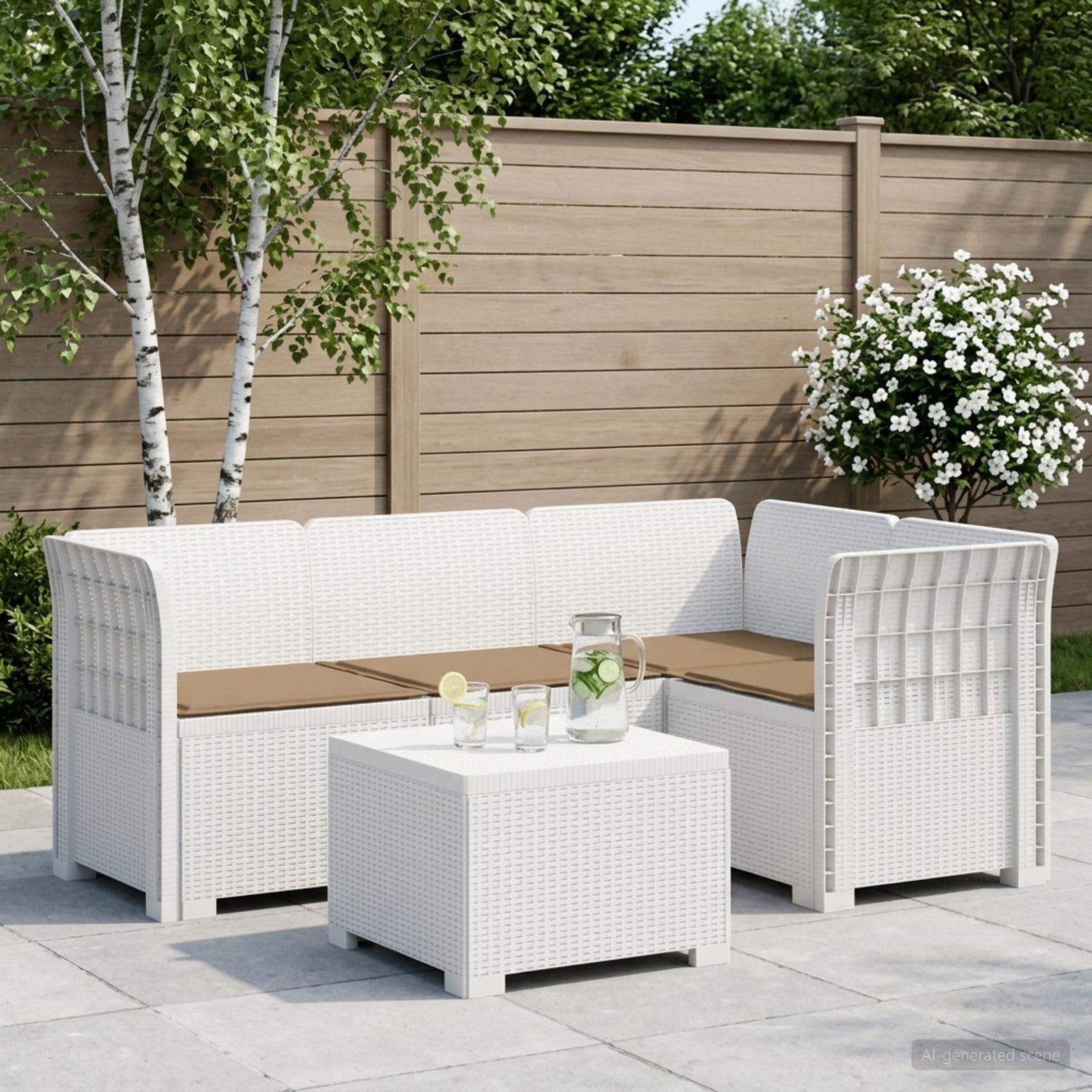 4-personers have sofa med hynder i rattan-look PP hvid