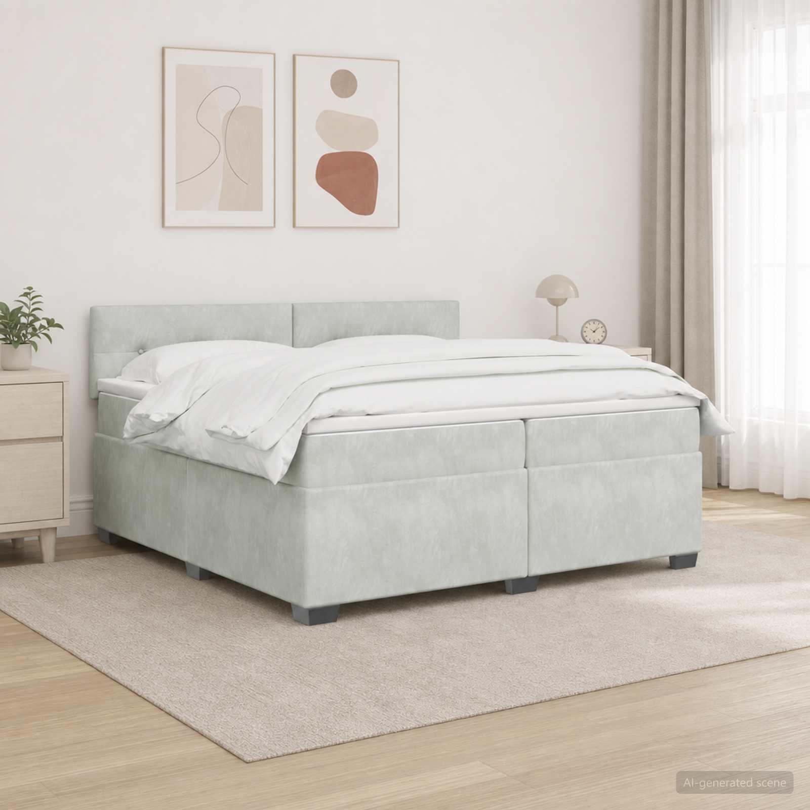 Kontinentalseng med madras og LED lysegrå 200 x 200 cm velour