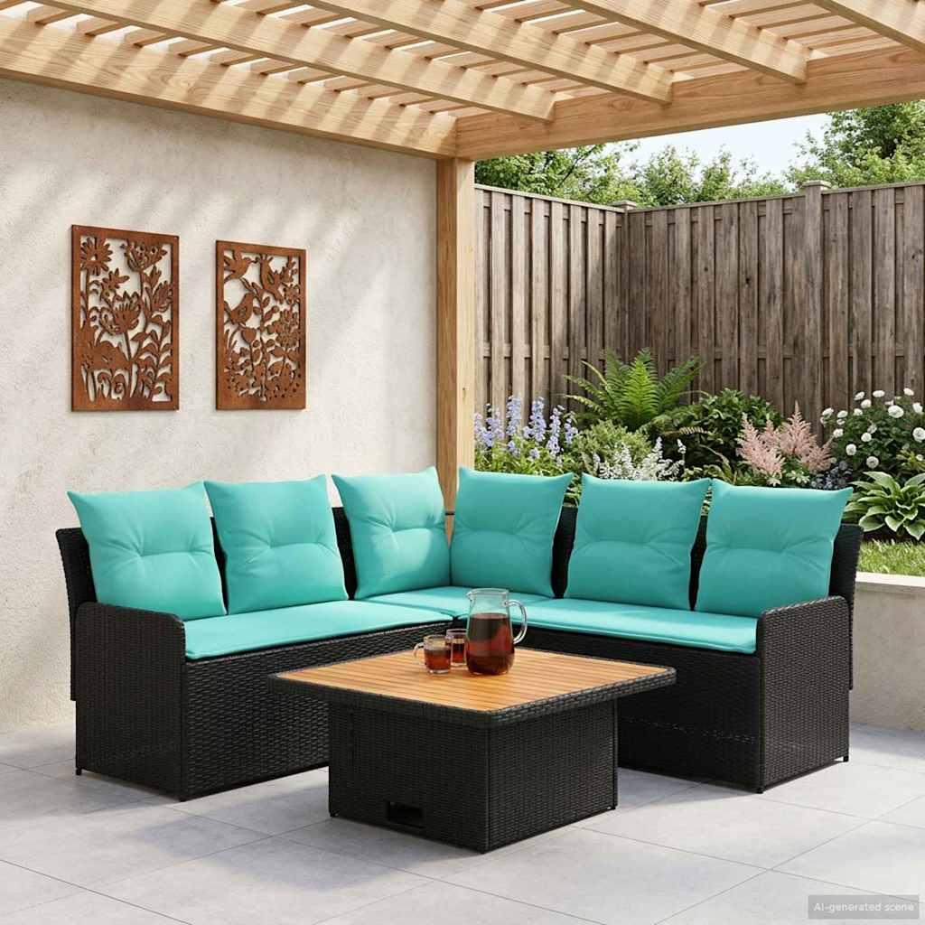 Møbelsæt 4 dele i sort og turkis PE-rattan til terrasse og have