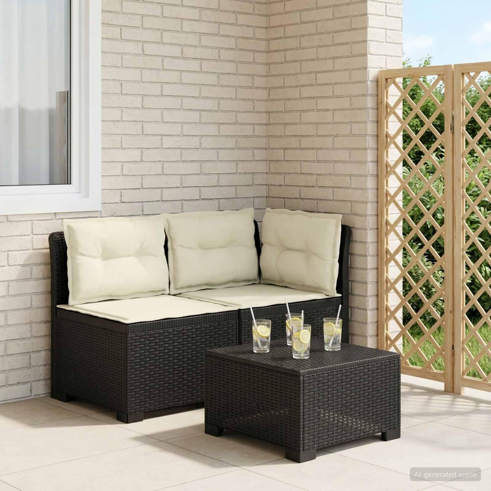 2-personers havemøbelsofa i rattan look PP antracit med creme puder
