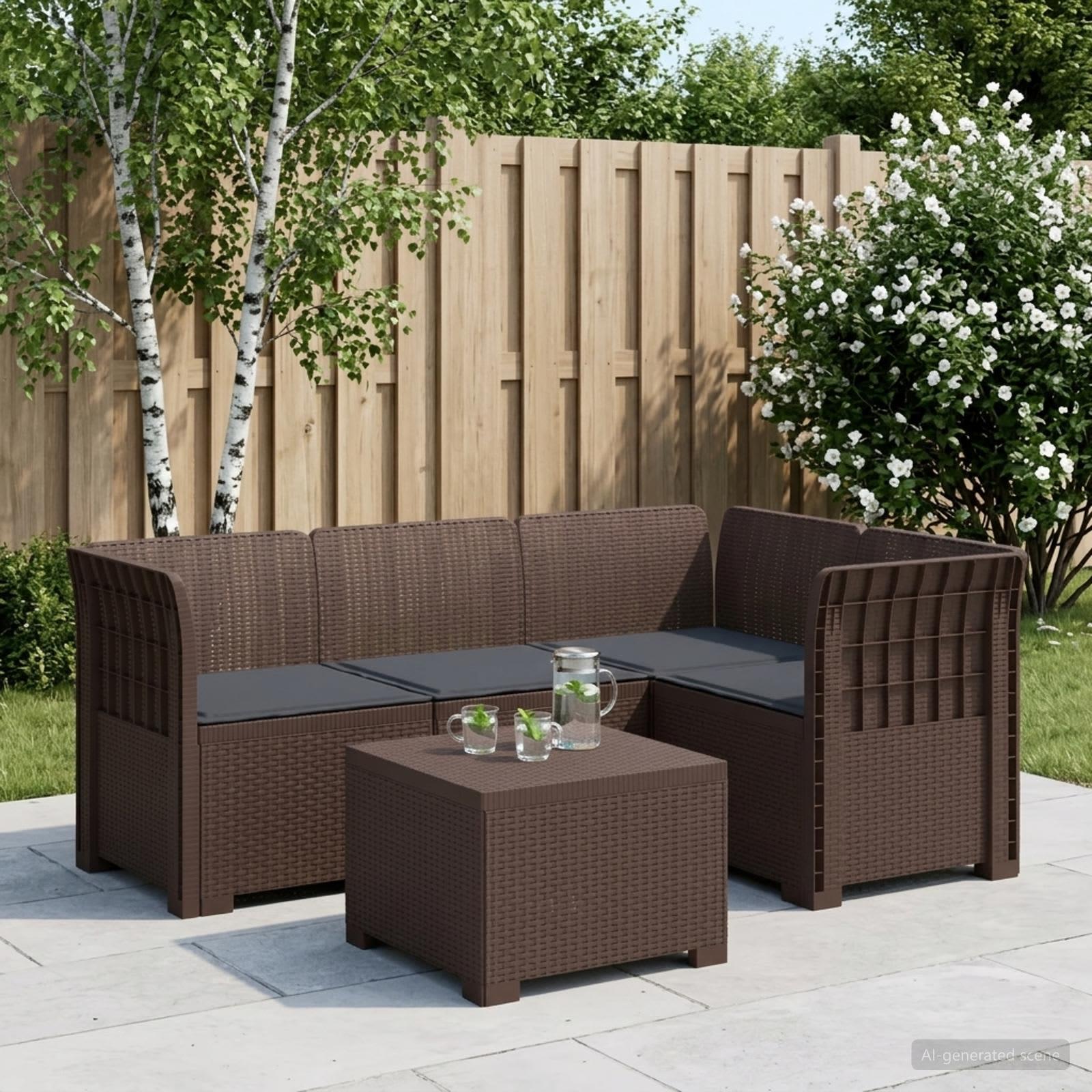 4-personers have sofa loungesæt med hynder i rattan-look PP brun