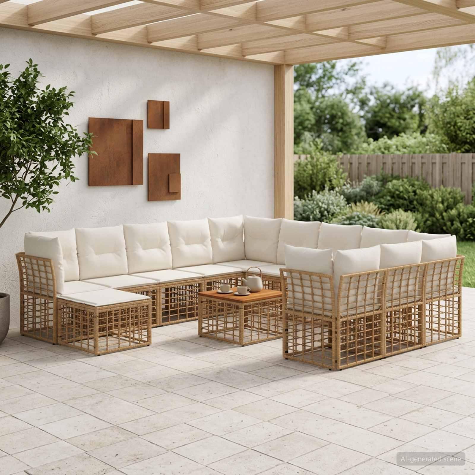 Udendørs sofagruppe 13 stk. i poly rattan - naturlig og cremehvid