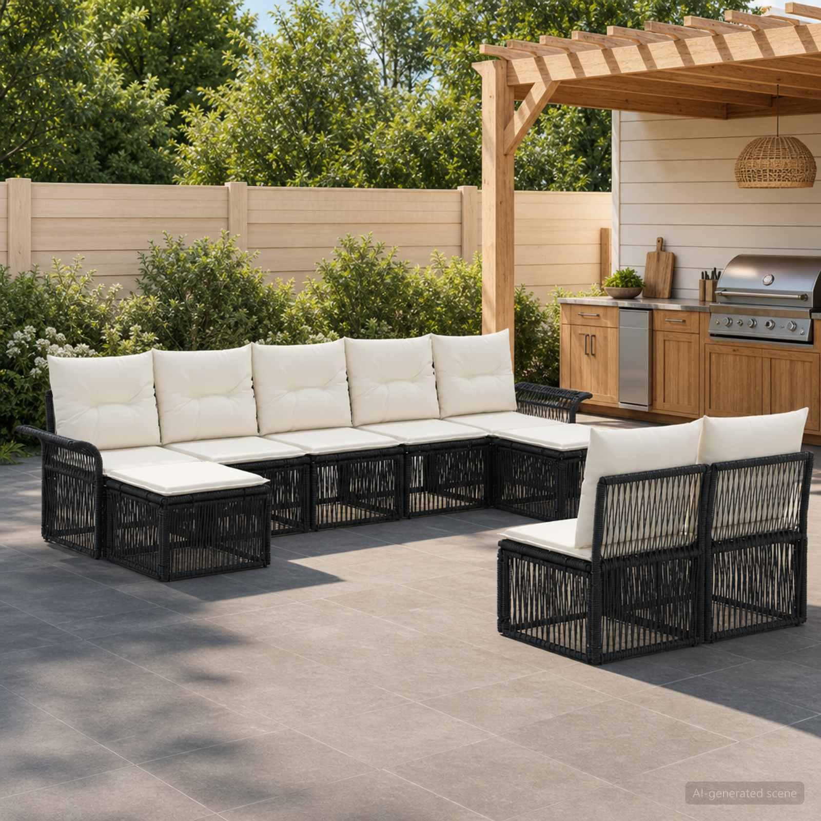Havesofa sæt 9 stk. i sort polyrattan til terrasse og have