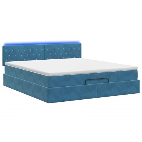 Ottoman seng med madras og LED 140 x 200 cm - mørkeblå velour