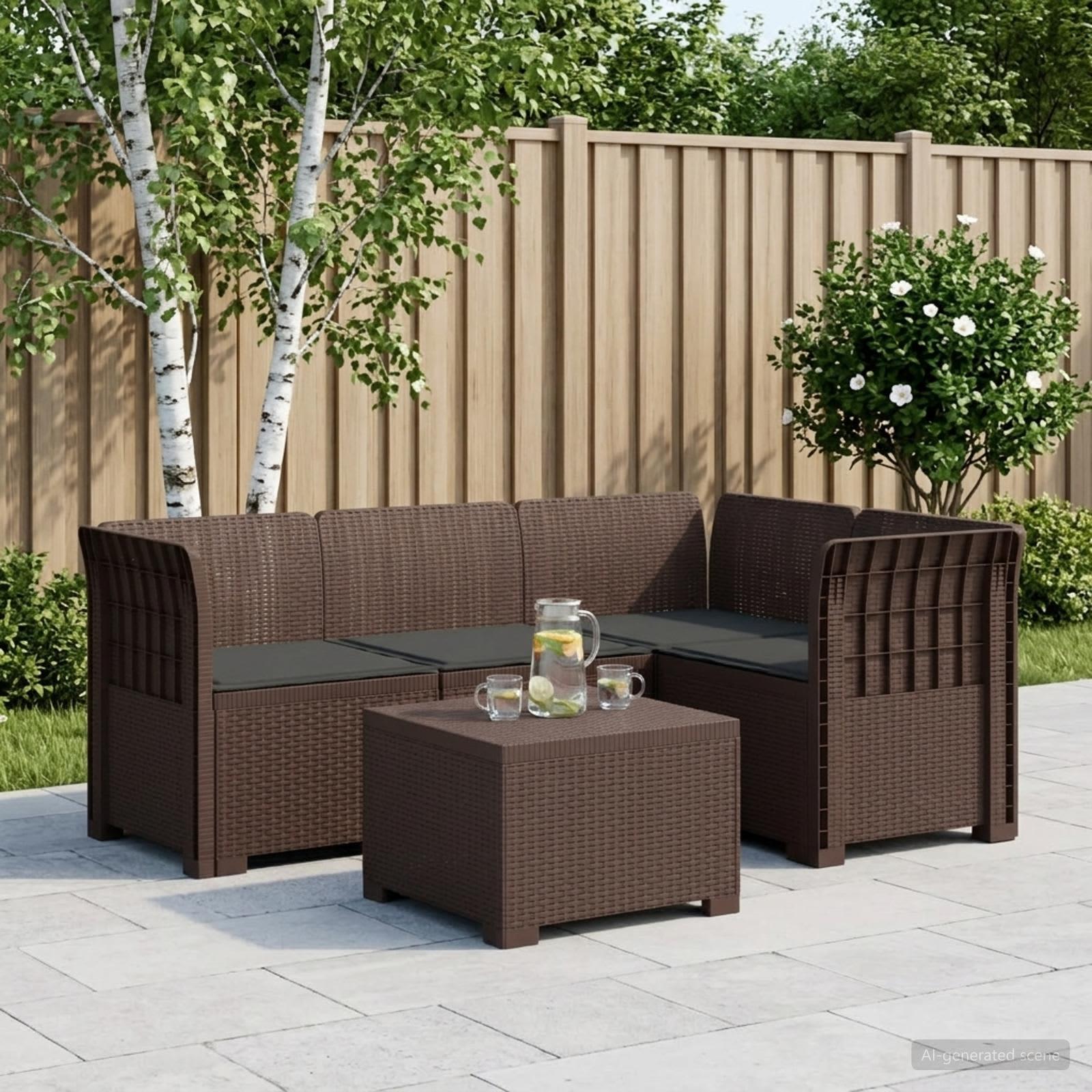 4-personers havesofa med hynder i rattan-look PP brun