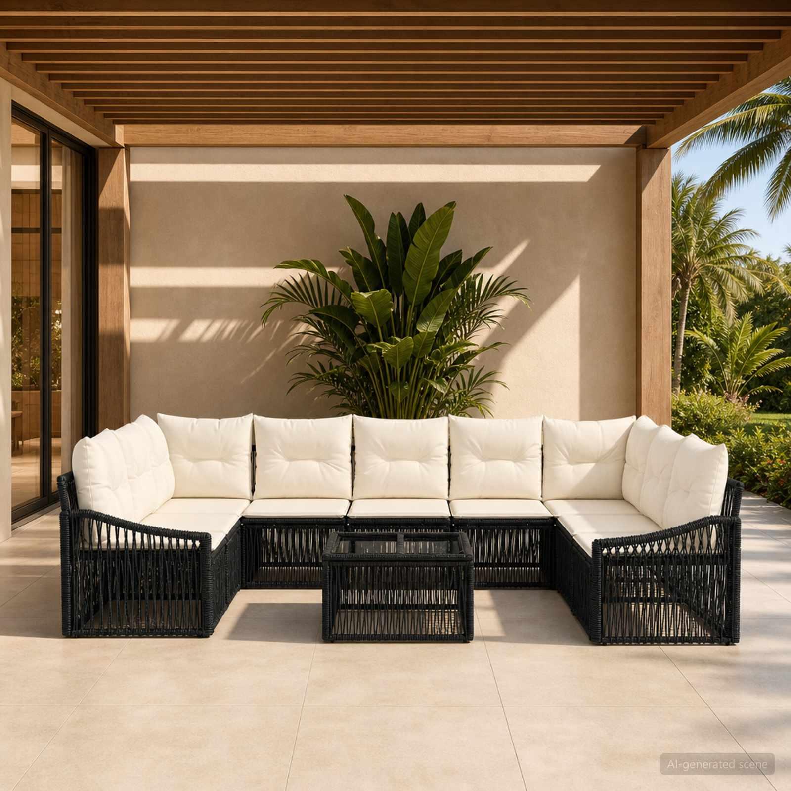 Havesofa sæt 10 stk. i sort polyrattan til terrasse og have