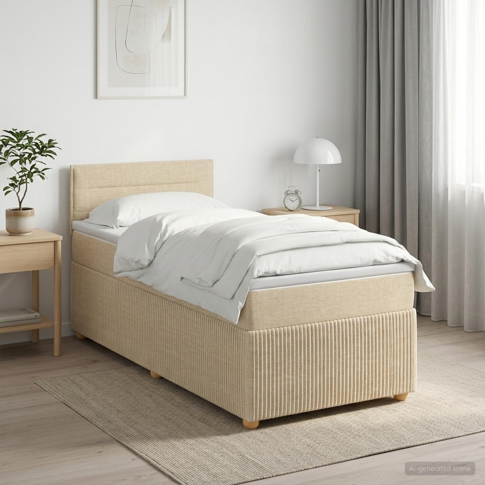 Enkeltseng med madras og topmadras 100 x 200 cm - cremefarvet stof