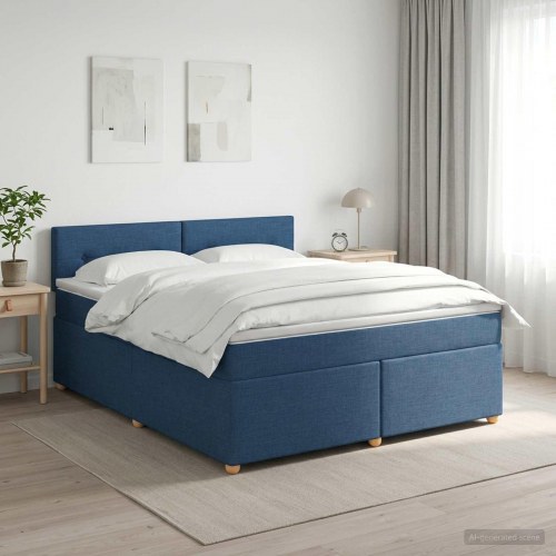 Boxmadras med topmadras og justerbar hovedgavl 140 x 190 cm blå stof