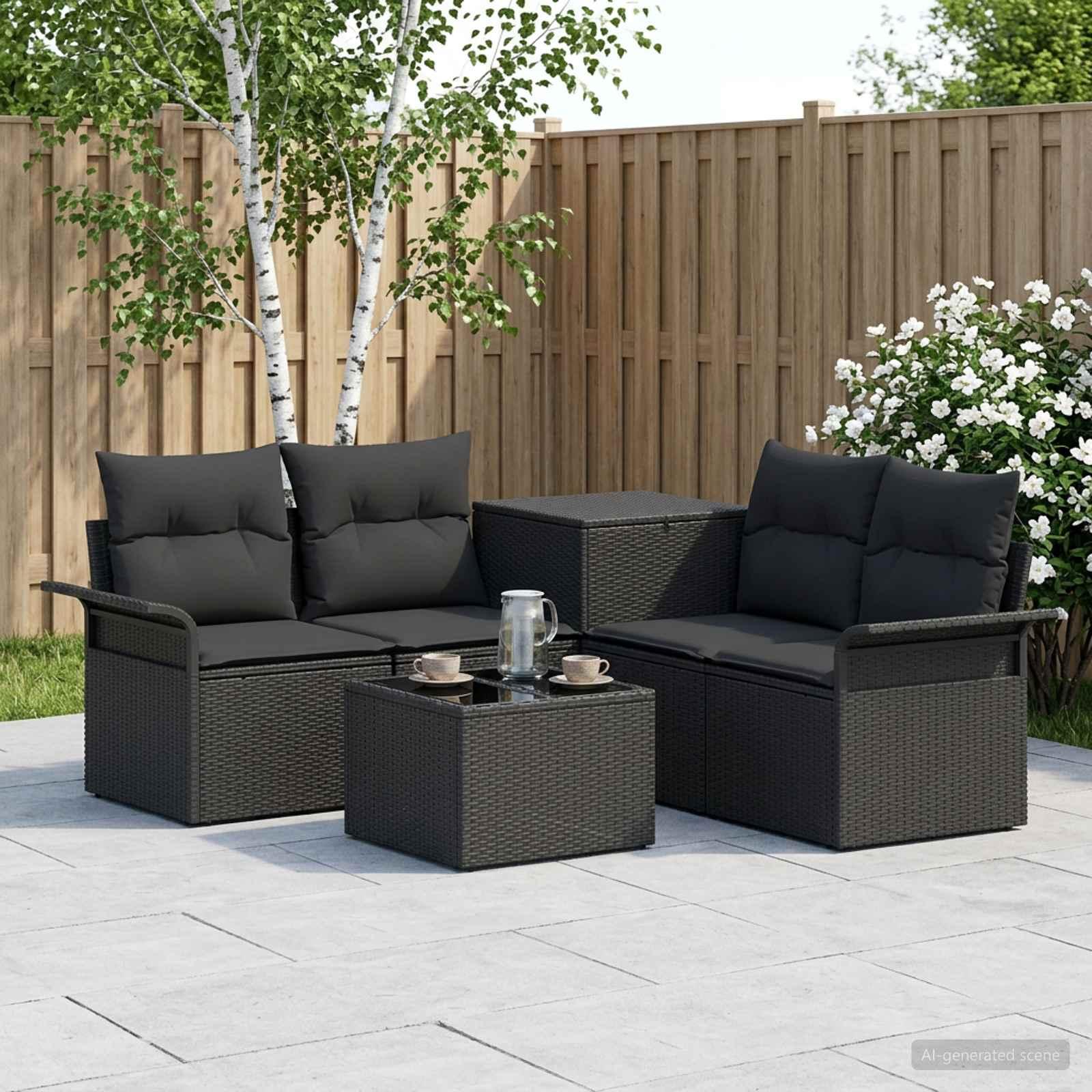 Modulært sofasæt til terrasse 6 dele 4-personers - sort poly rattan og stål