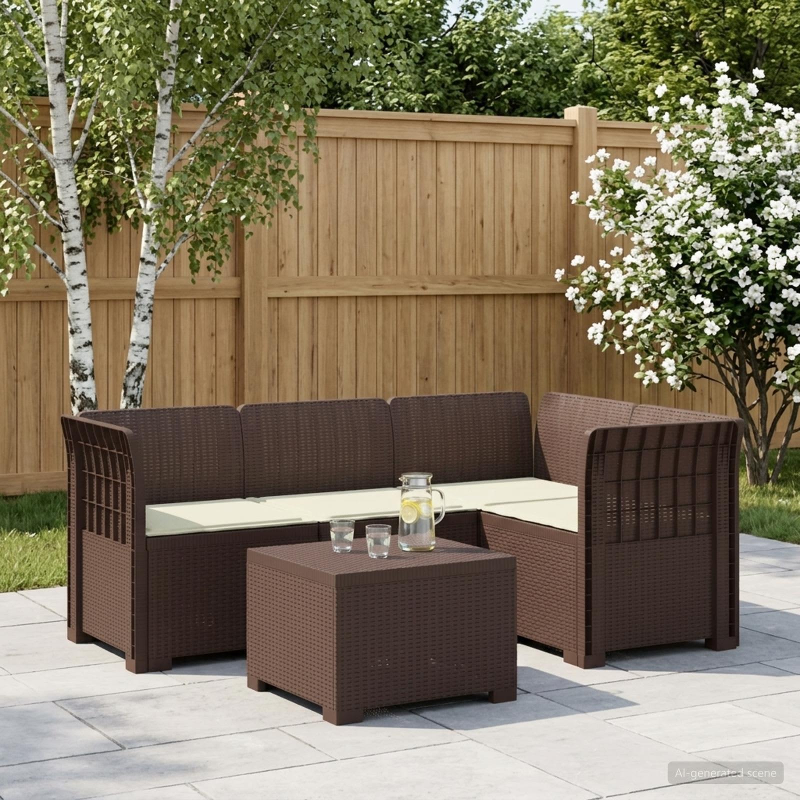 4-personers have sofa med hynder i rattan-look PP brun