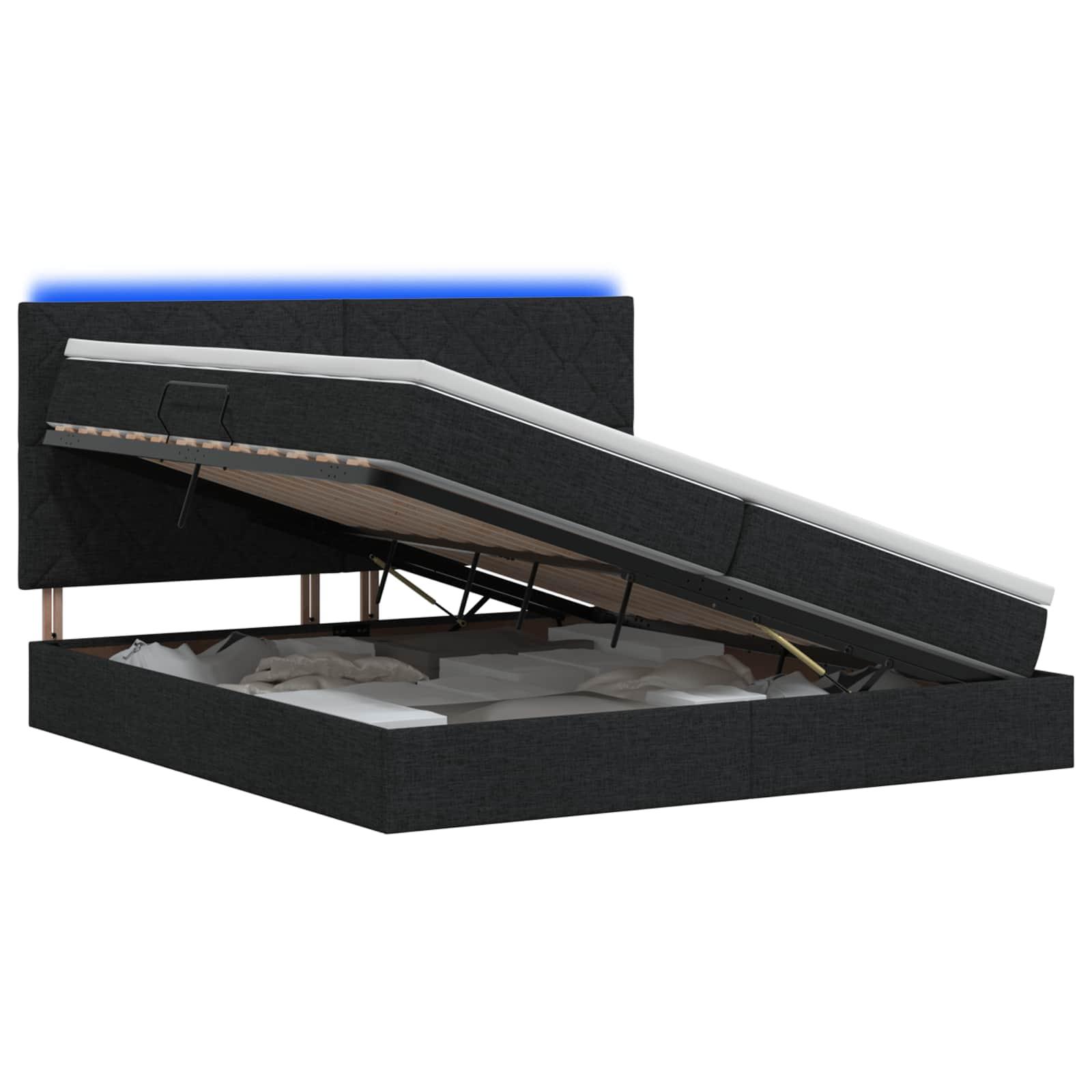 LED opbevaringsseng med madras 200 x 200 cm i sort stof