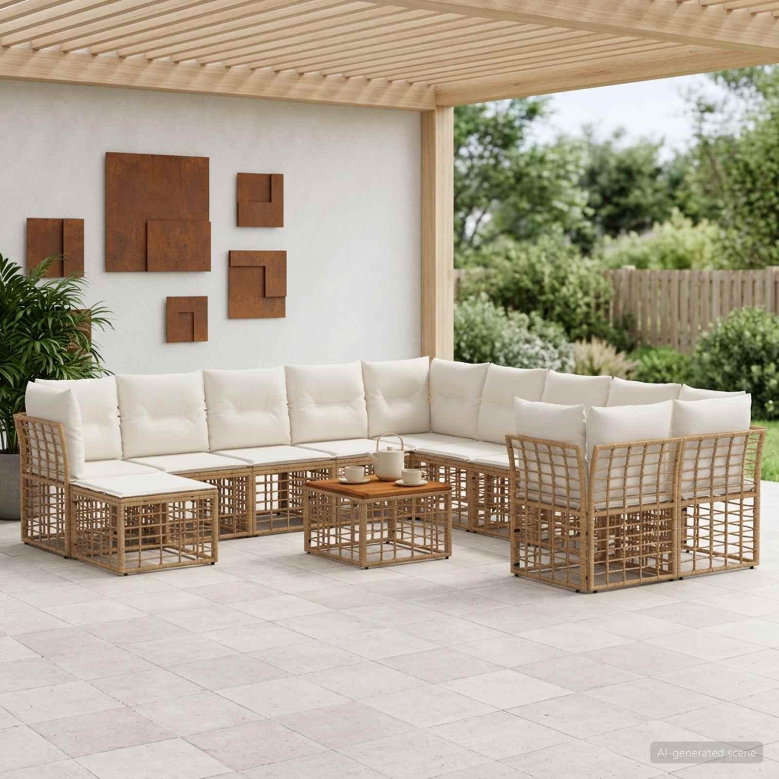 Udendørs sofagruppe 12 stk. i poly rattan med bord - naturlig og cremehvid