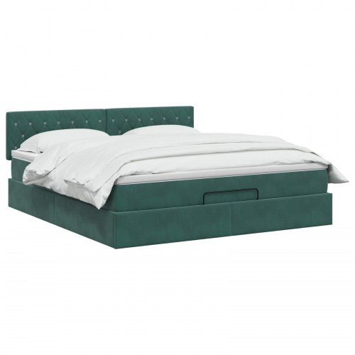Ottoman seng med opbevaring, madras og LED 140 x 190 cm - mørkegrøn velour