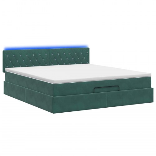 Ottoman seng med opbevaring, madras og LED 140 x 190 cm - mørkegrøn velour