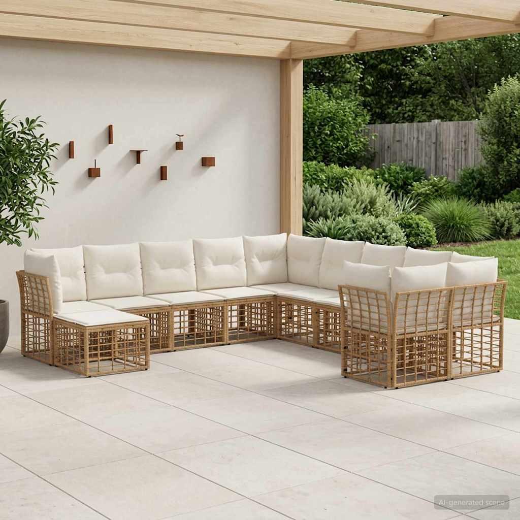 Udendørs sofagruppe 11 stk. i poly rattan - naturlig og creme hvid
