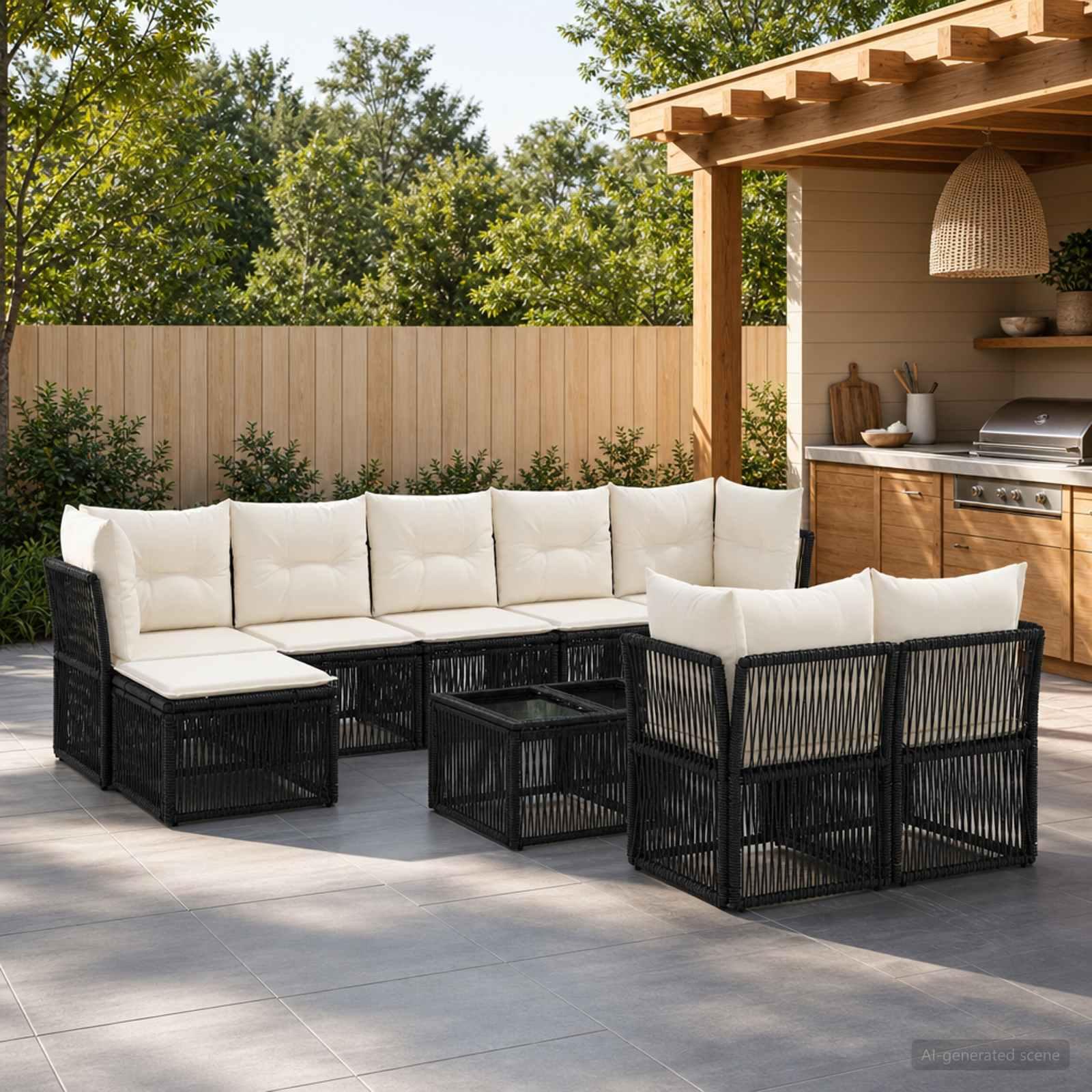 Havesofa sæt 10 stk. i sort polyrattan til have og terrasse