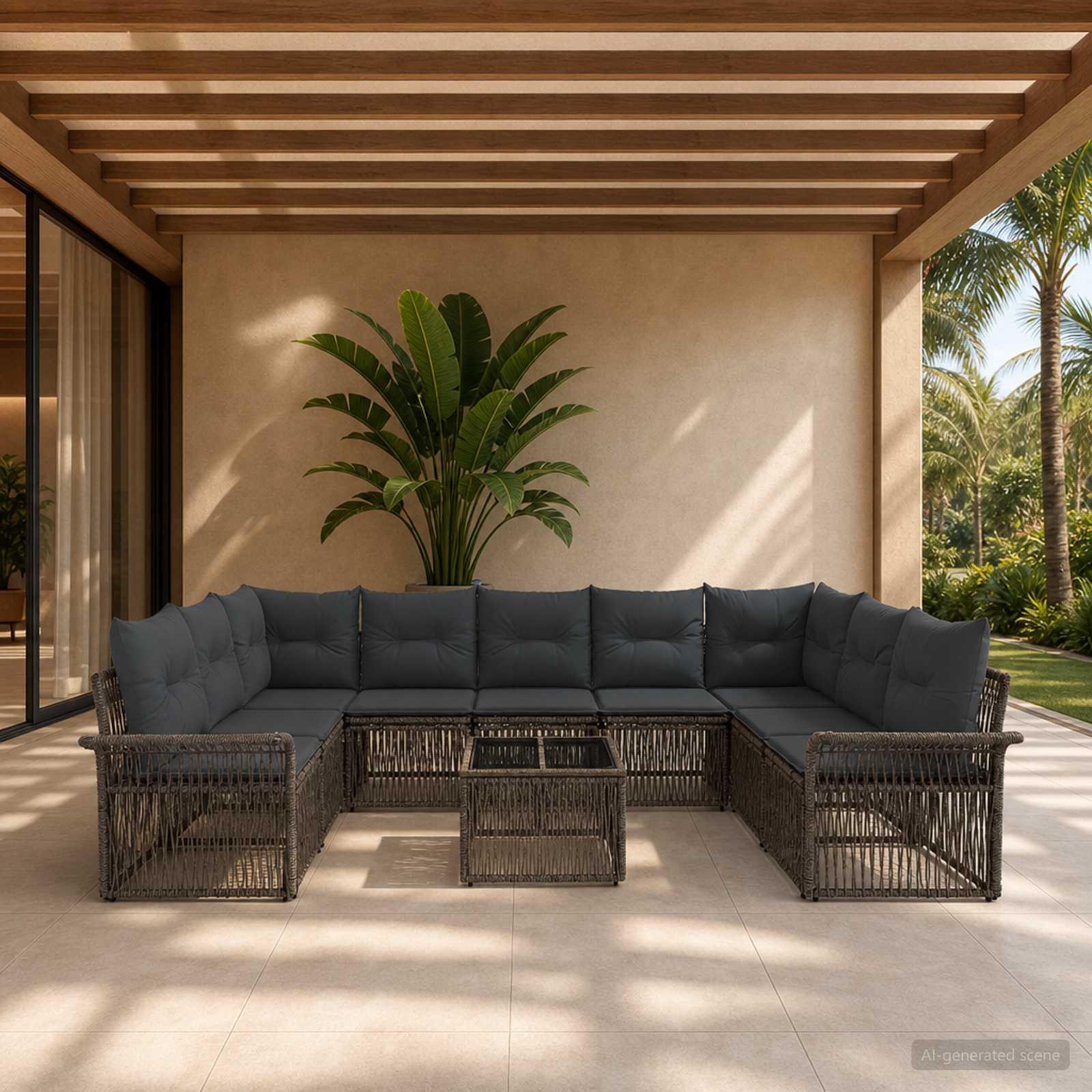 Havesofa sæt 10 dele i grå polyrattan til terrasse og have