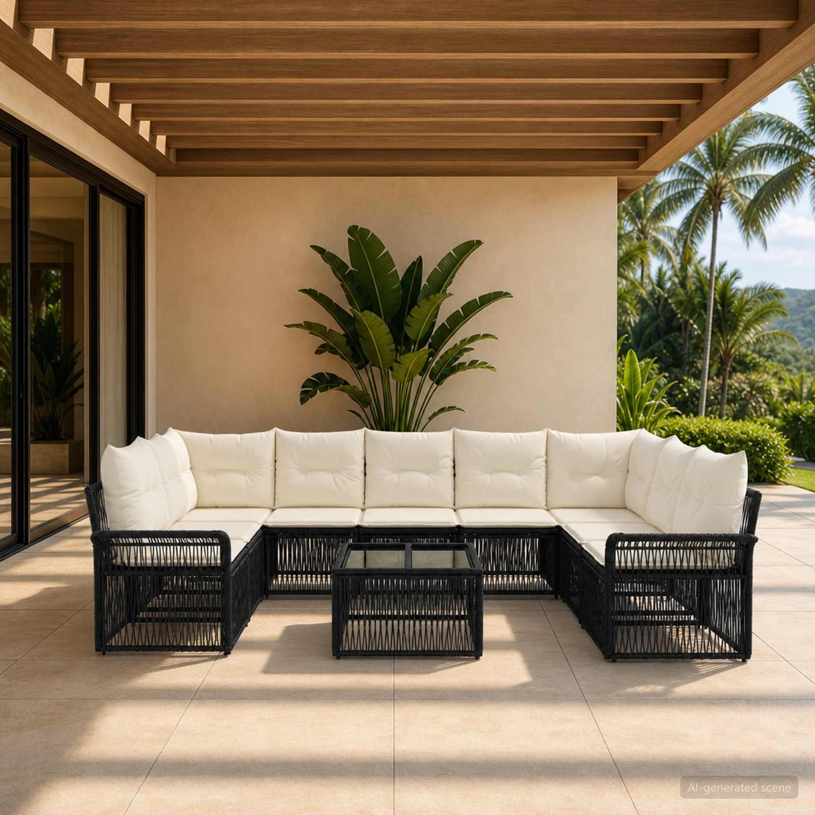 Havesofa sæt 10 stk. i sort polyrattan - modulært loungesæt til have og terrasse