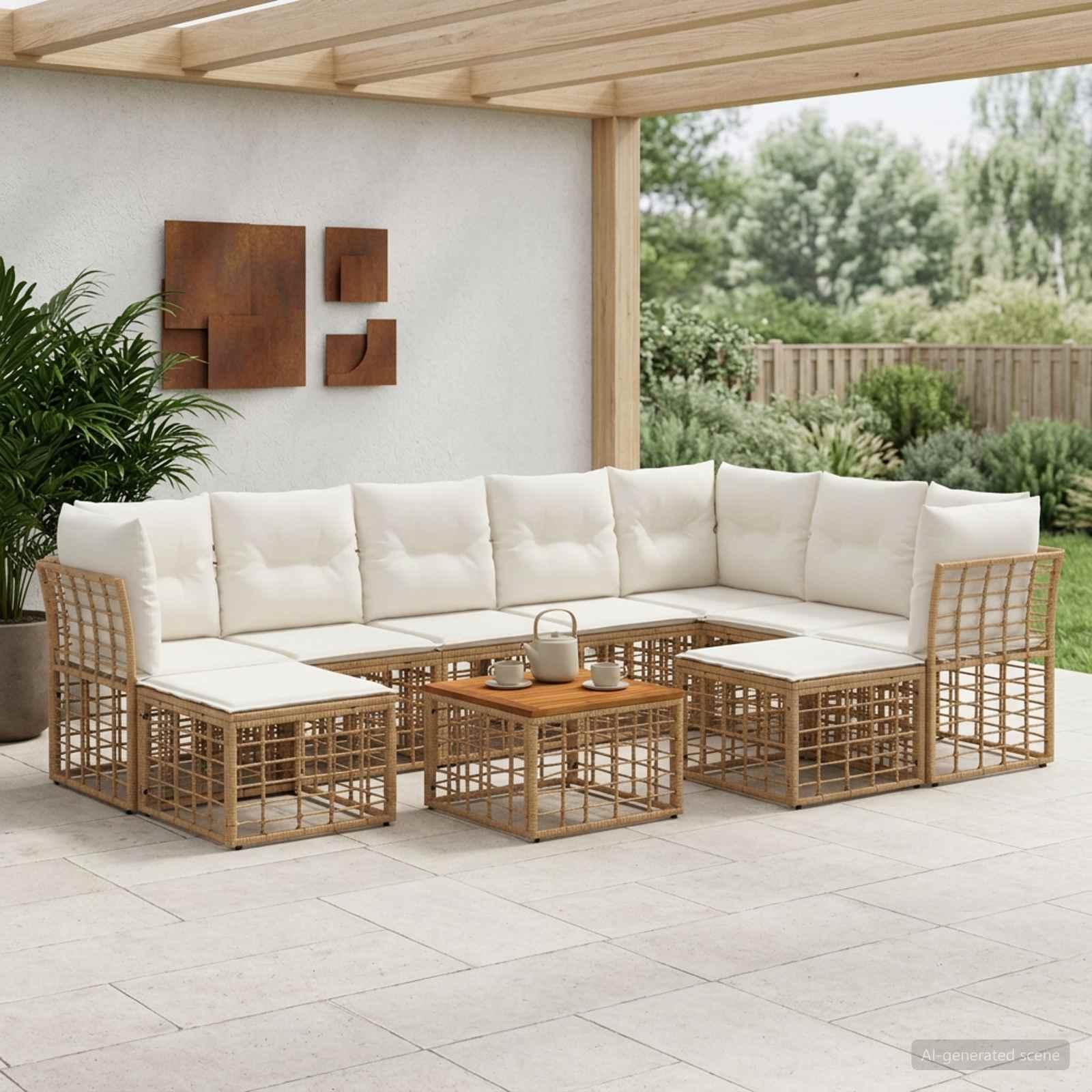 Udendørs sofagruppe 10 dele i polyrattan - naturlig/cremehvid