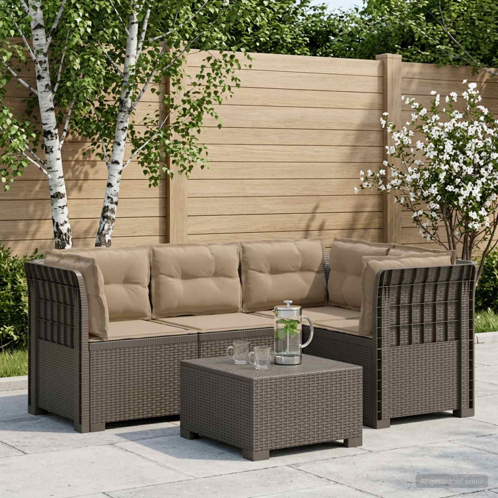 4-personers havesofa med puder i rattan-look PP lysegrå