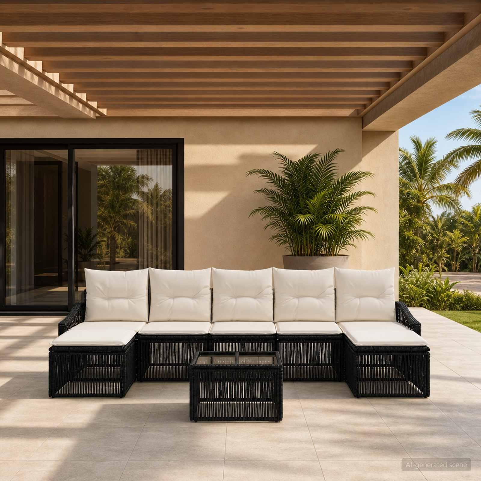Havesofa sæt 8 stk. i sort polyrattan med bord