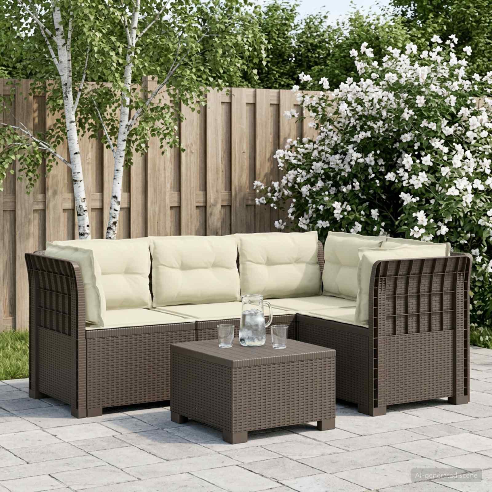4-personers havesofa med puder i rattan-look PP lysegrå