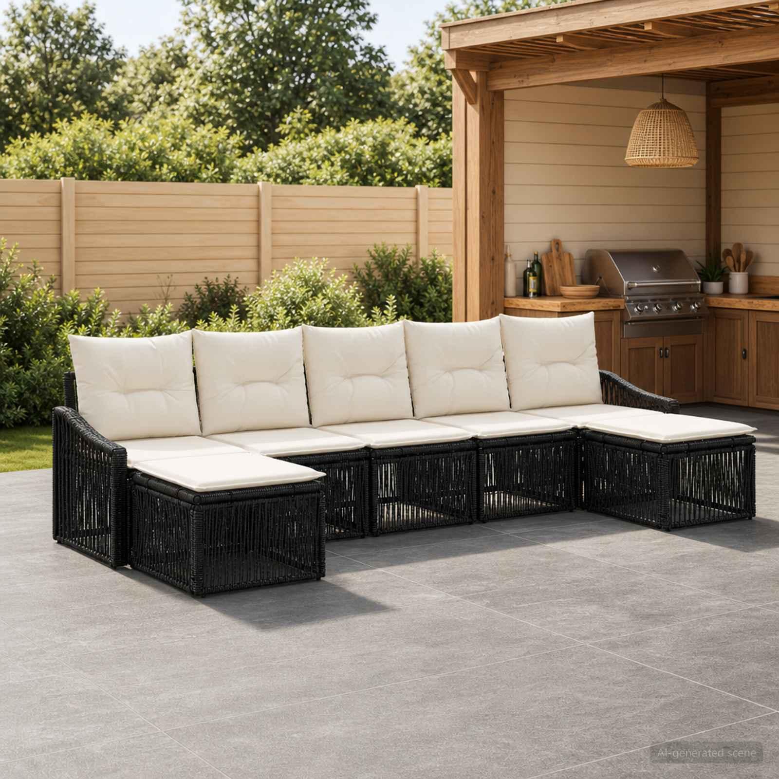 Havesofa sæt 7 stk. i sort polyrattan til have og terrasse