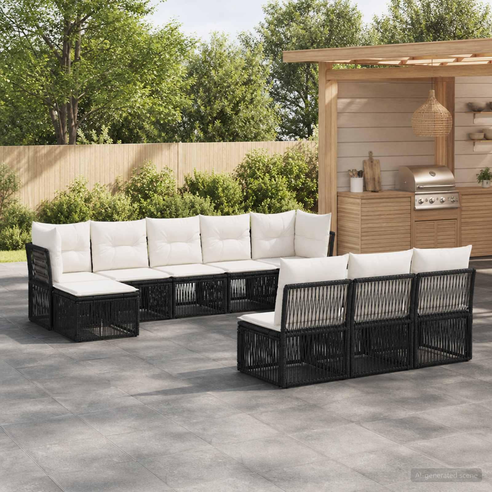 Havesofa sæt 10 stk. i sort polyrattan - modulært loungesæt til terrasse