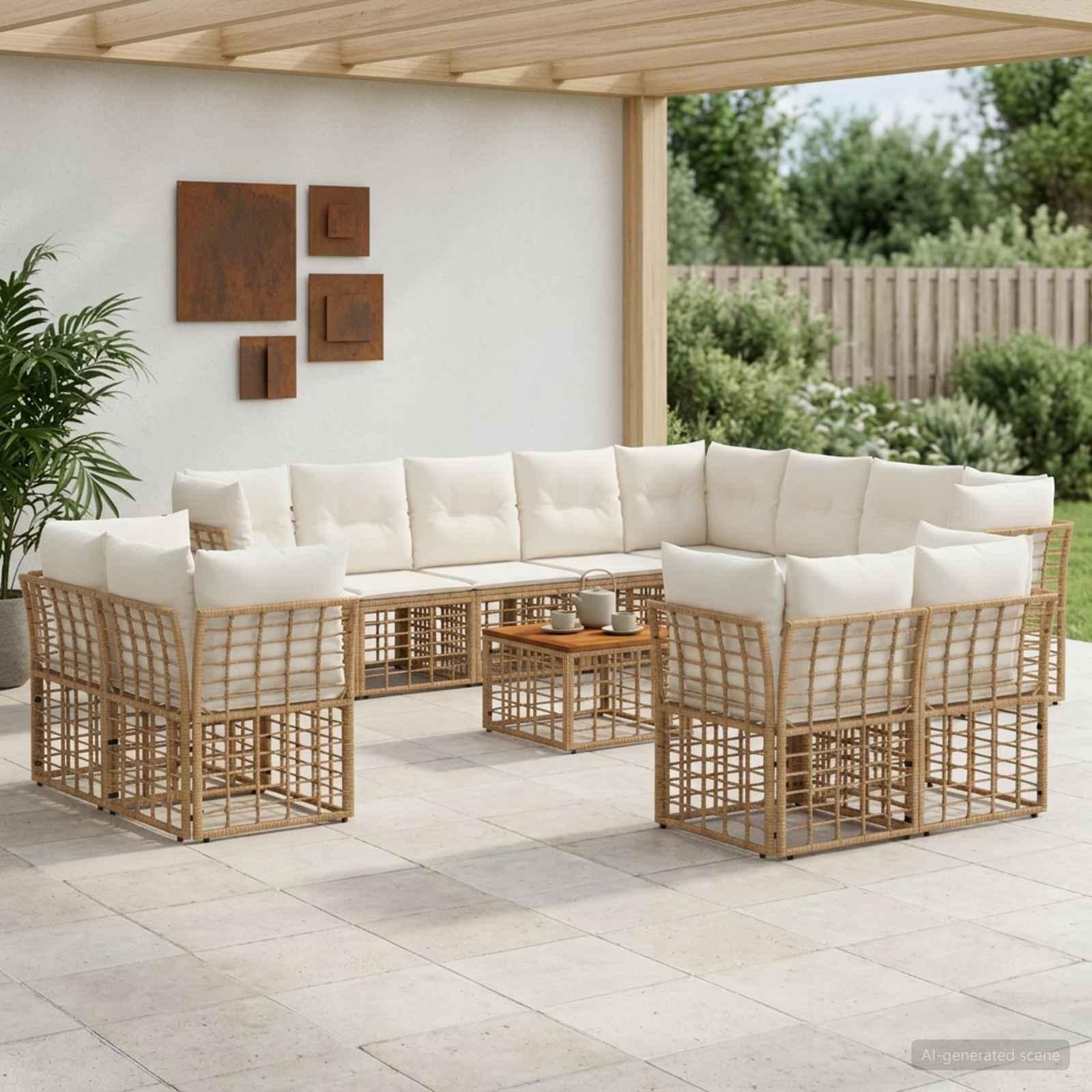 Udendørs sofagruppe 13 stk. i polyrattan - naturlig og cremehvid