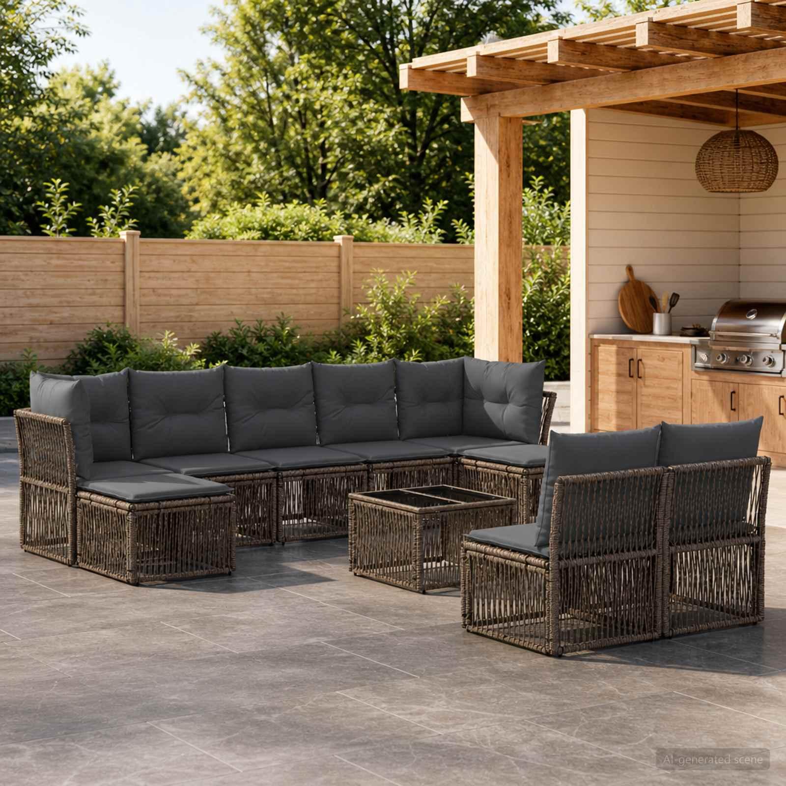 Havesofa sæt 10 stk. i grå polyrattan modulsofa til have og terrasse