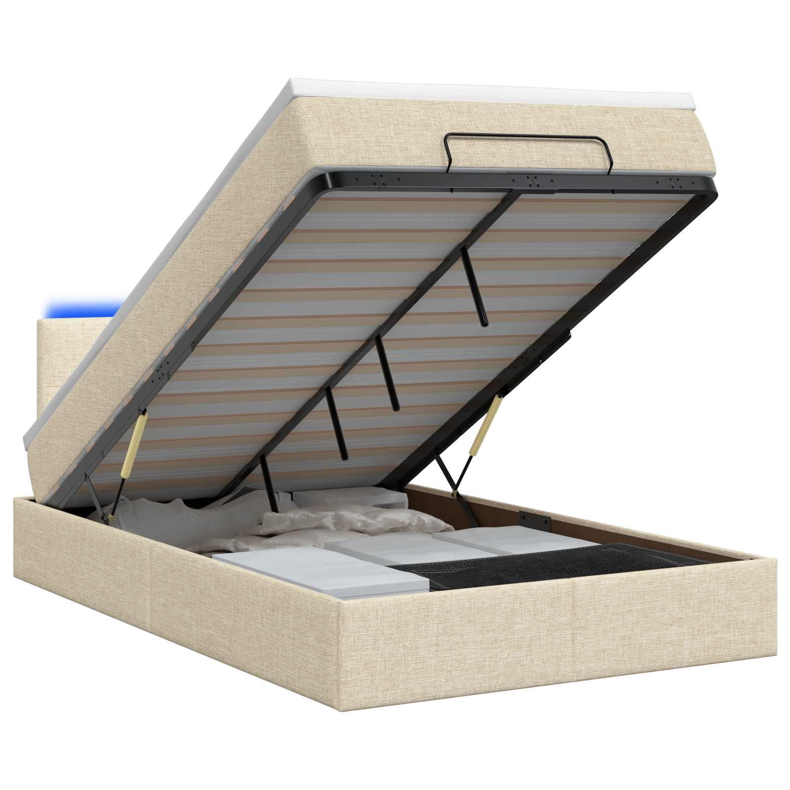 Ottoman seng med opbevaring, madras og LED 120 x 190 cm - cremefarvet stof