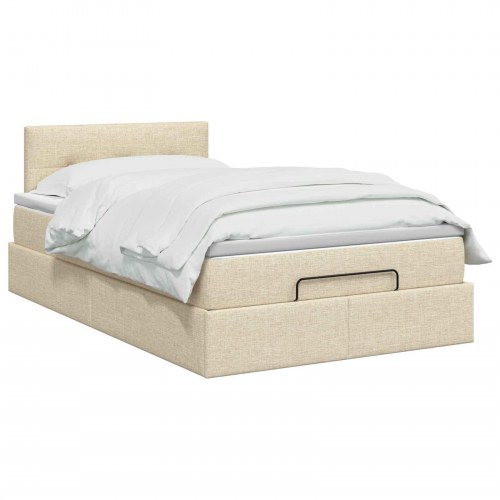 Ottoman seng med opbevaring, madras og LED 120 x 190 cm - cremefarvet stof