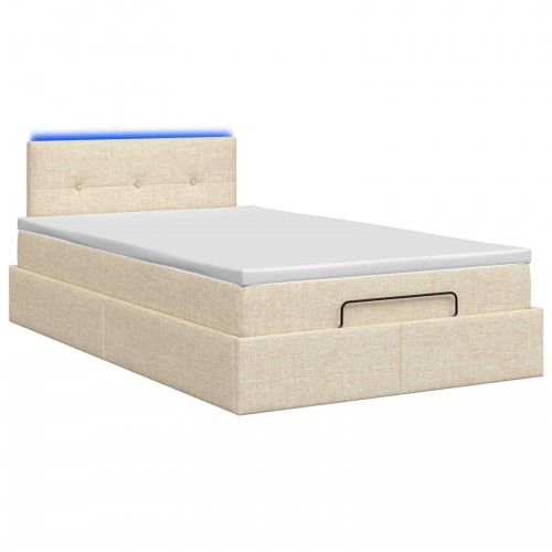 Ottoman seng med opbevaring, madras og LED 120 x 190 cm - cremefarvet stof