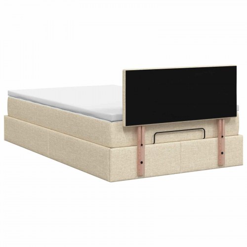 Ottoman seng med opbevaring, madras og LED 120 x 190 cm - cremefarvet stof