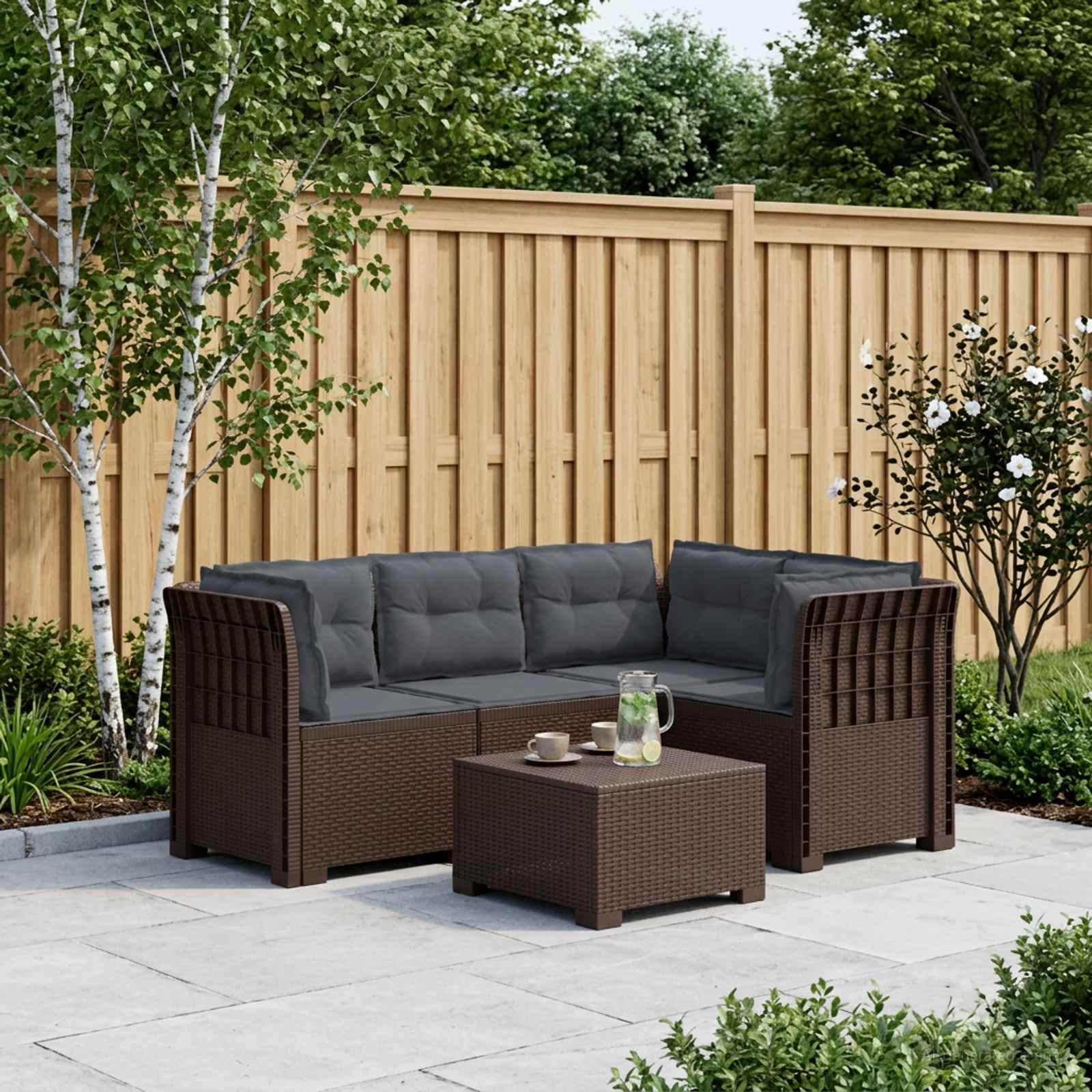 4-personers havesofa loungesæt med puder i rattan-look PP brun