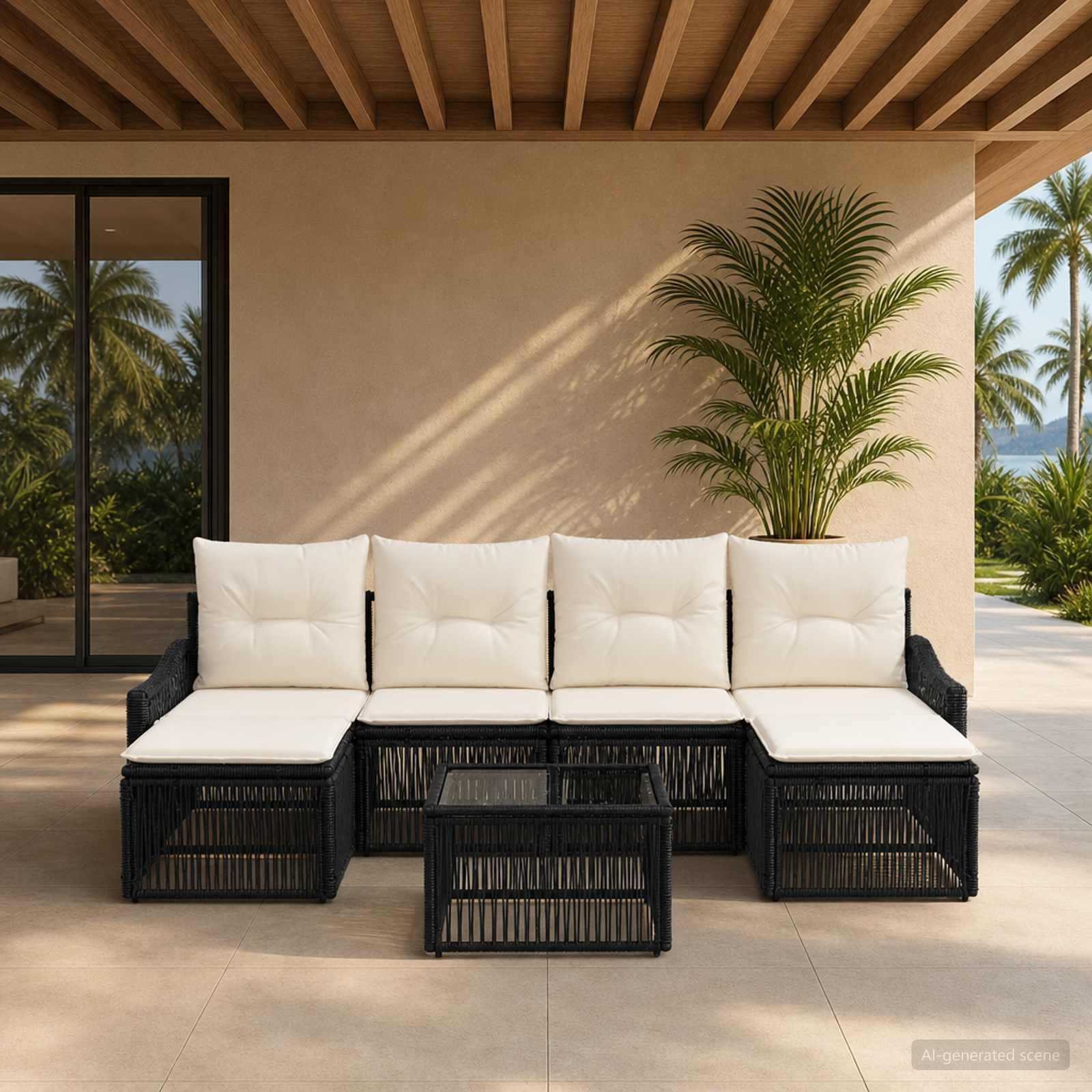 Havesofa sæt 7 stk. i sort polyrattan til terrasse og have