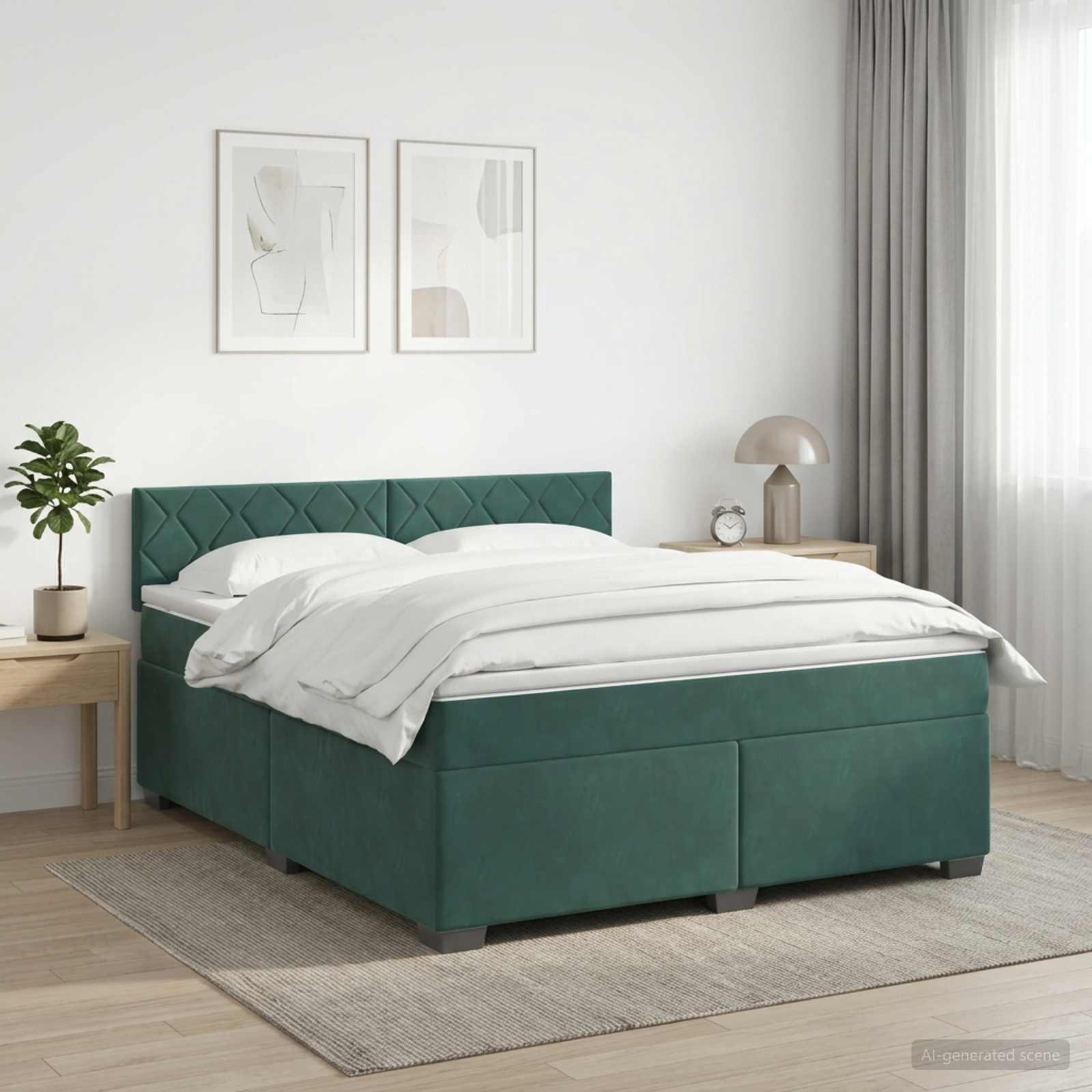 Kontinentalseng med madras og LED 140 x 200 cm - mørkegrøn velour