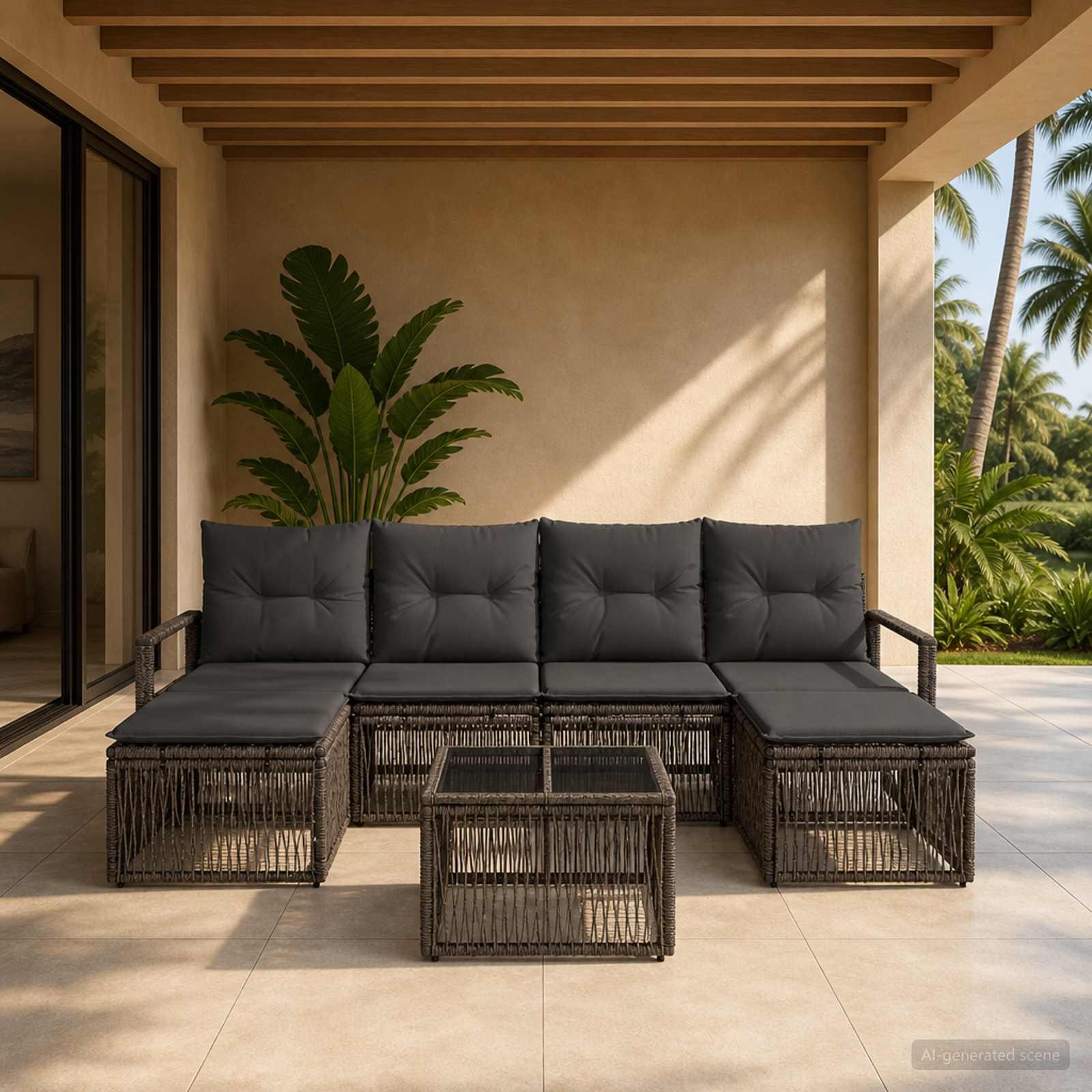 Havesofa sæt 7 stk. i grå polyrattan til terrasse og have