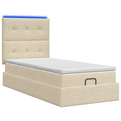 Ottoman seng med madras og LED cremefarvet 100 x 200 cm stof