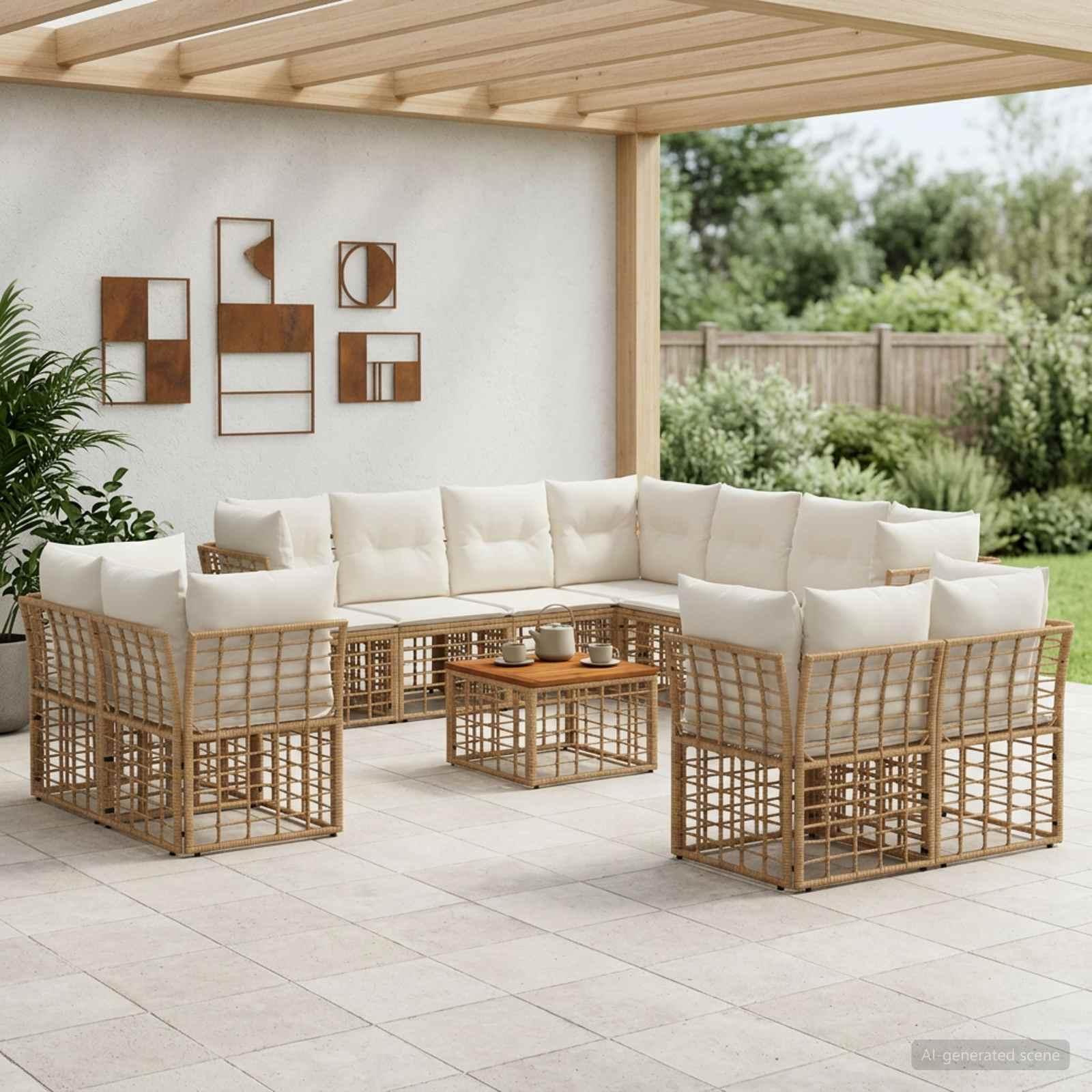 Udendørs sofagruppe 12 stk. i poly rattan - naturlig og creme hvid
