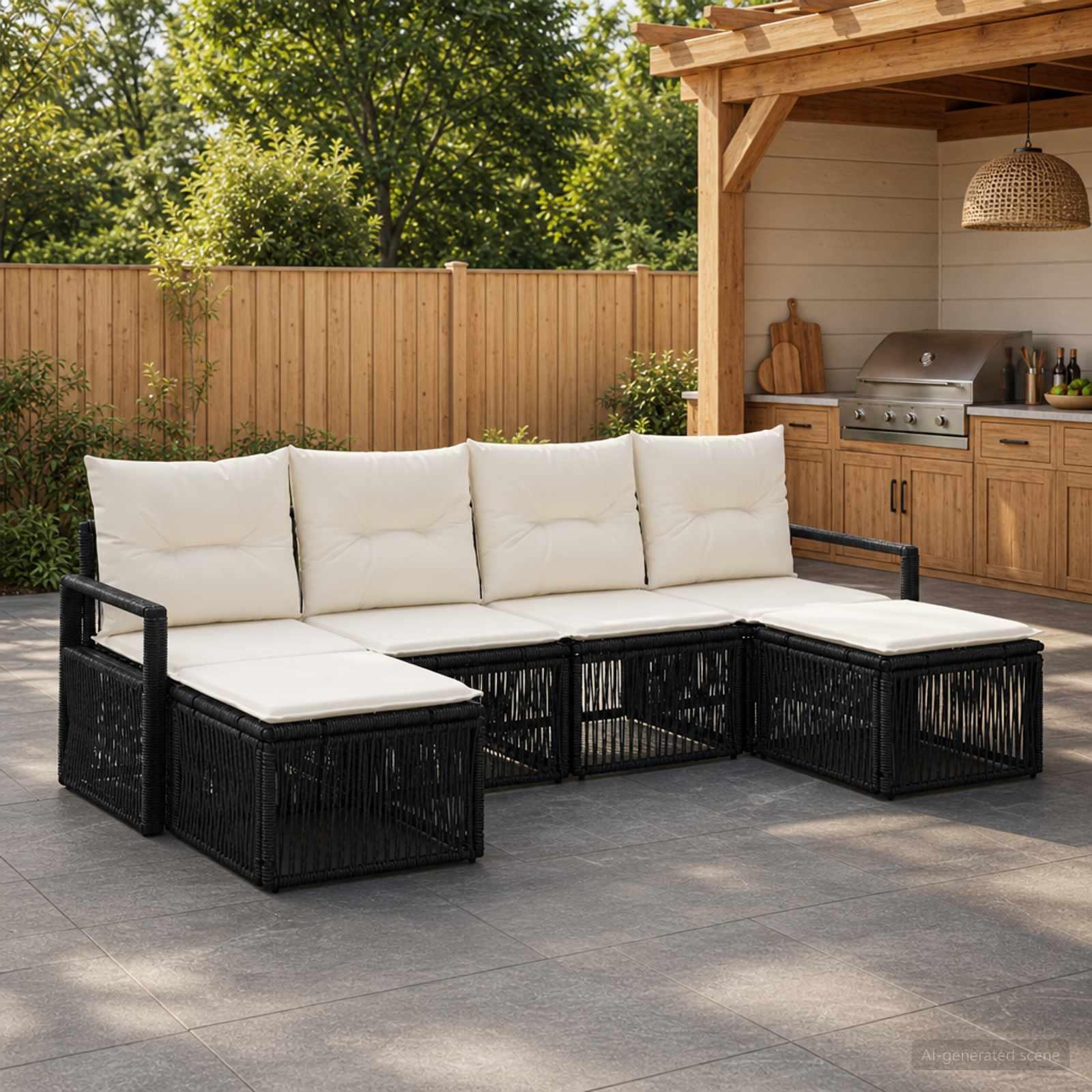 Havesofa sæt 6 stk. i sort polyrattan modulsofa til have og terrasse