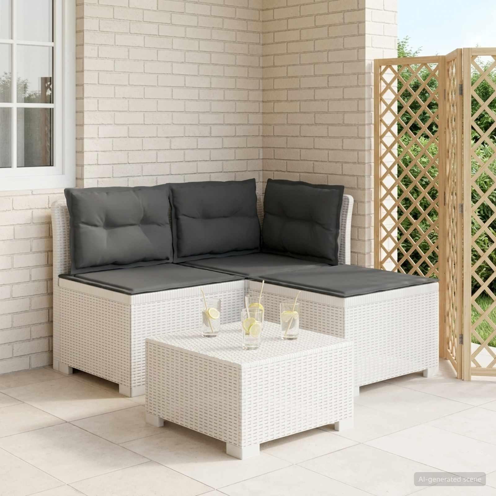 3-personers havensofa i rattanlook med puder PP hvid