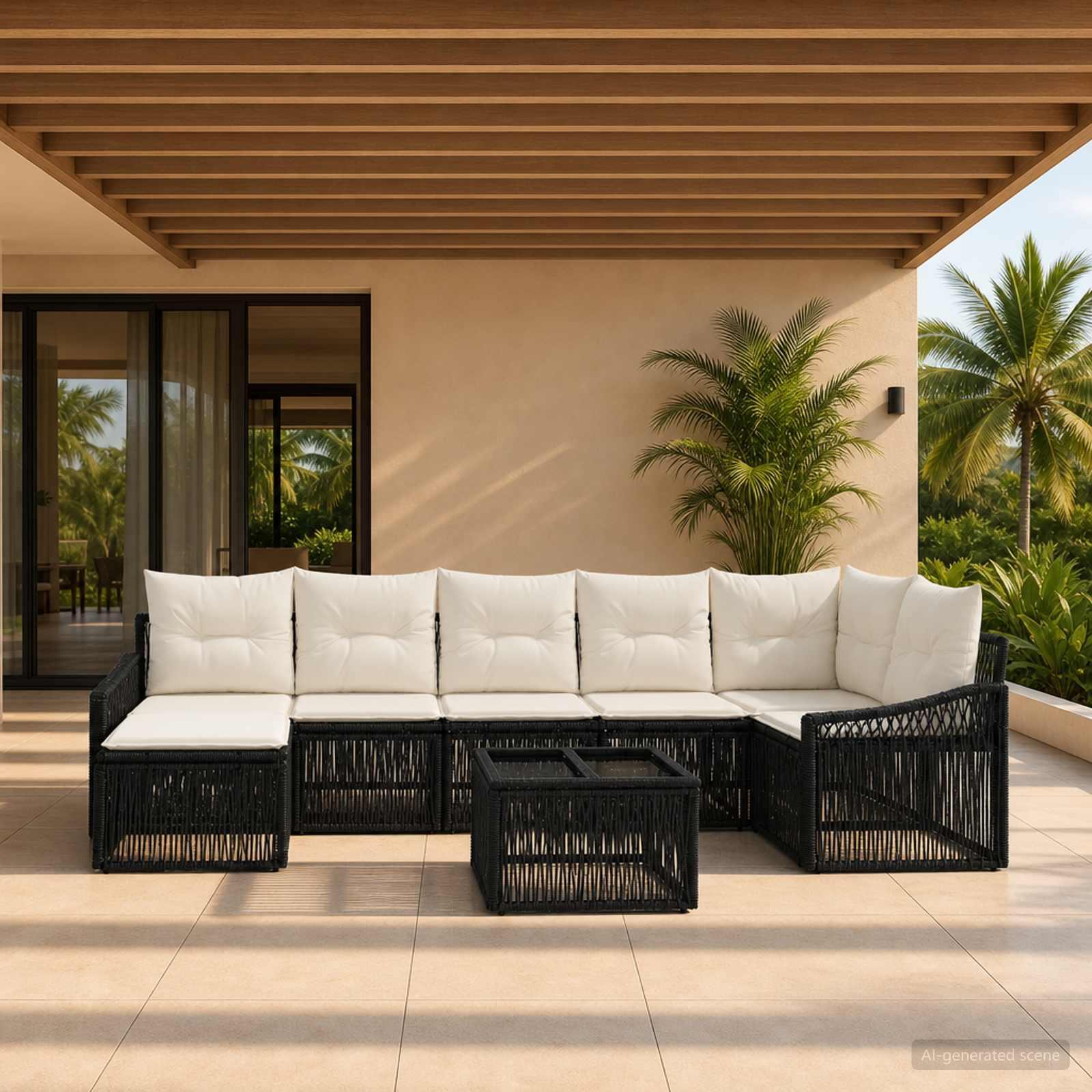 Havesofa sæt 8 stk. i sort polyrattan modulært loungesæt