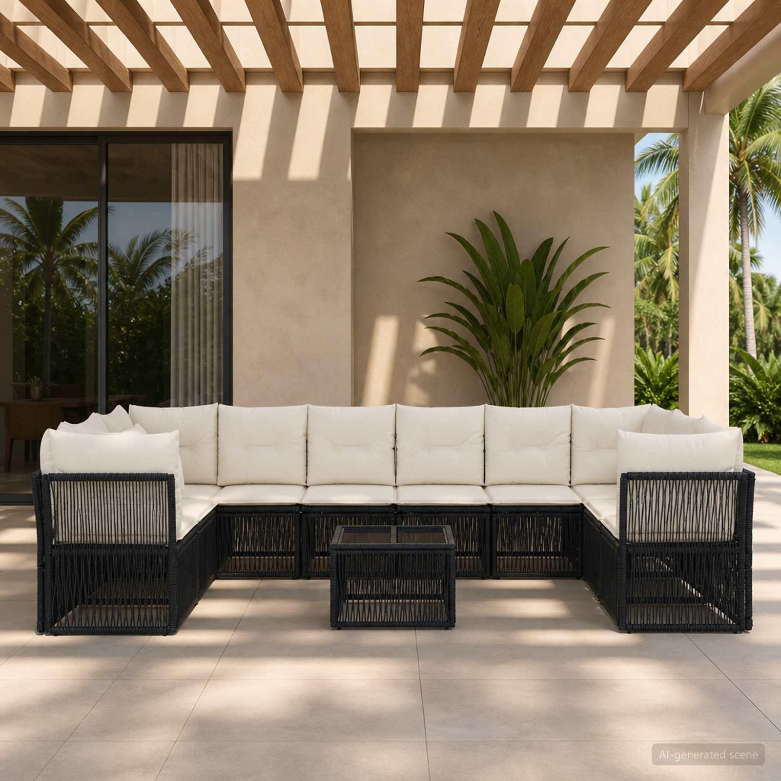 Havesofa sæt 11 stk. i sort polyrattan med modulopbygning